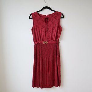 Vintage Maroon Sleeveless Midi Dress With Decorative Belt, Size S